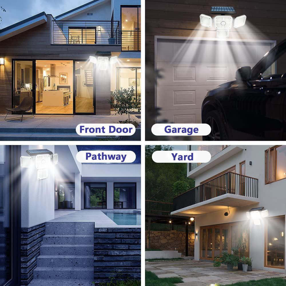 231LED Solar Lights Outdoor， 4 Heads Motion Sensor Security Lights with Wireless Remote Control， 3 Modes， IP65 Waterproof Solar Wall Lights LED Flood Lights for Door， Backyard， Garage， Deck