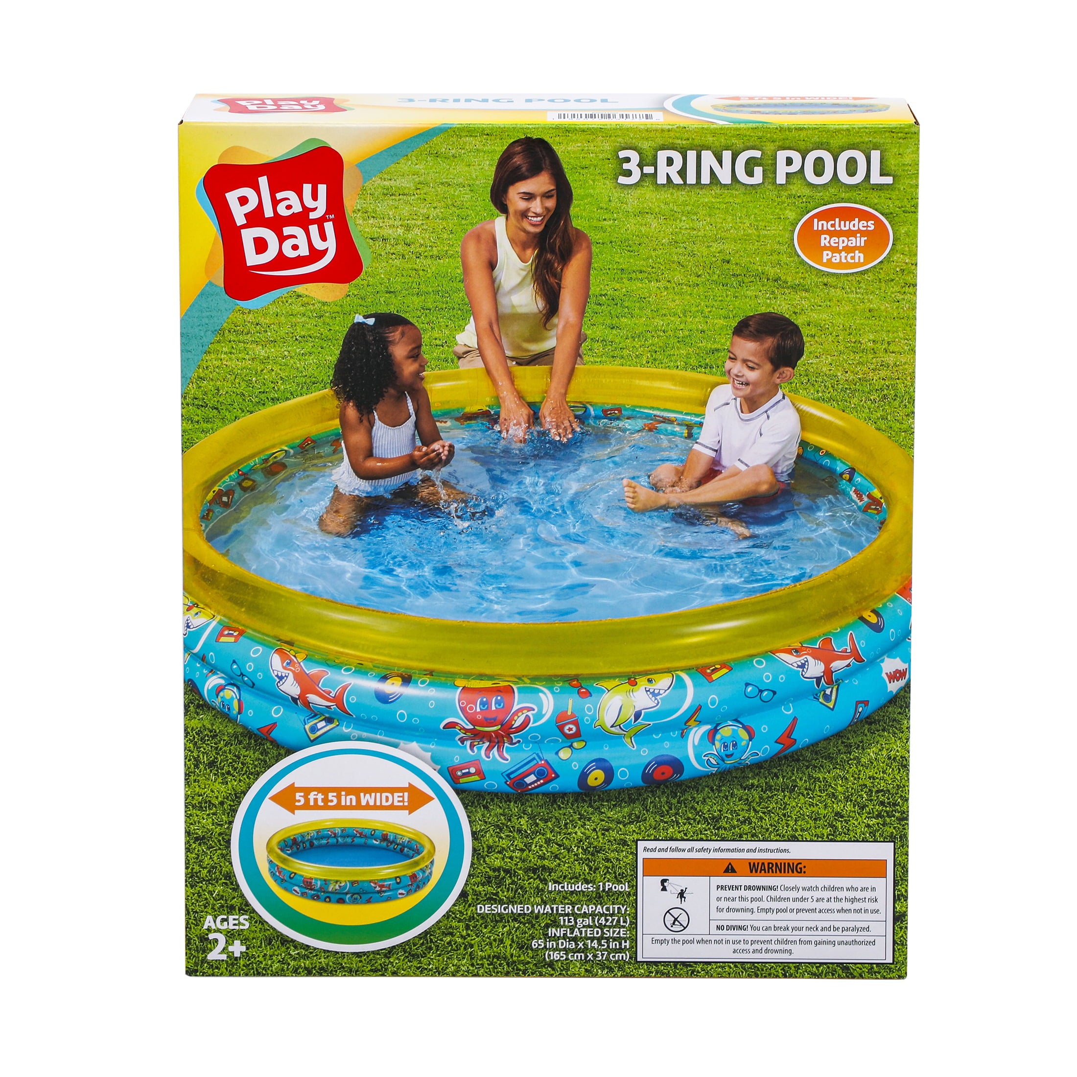 Round Inflatable 3-Ring Kiddie Splash Play Pool， Yellow， For Kids， Age 2 and up， Unisex