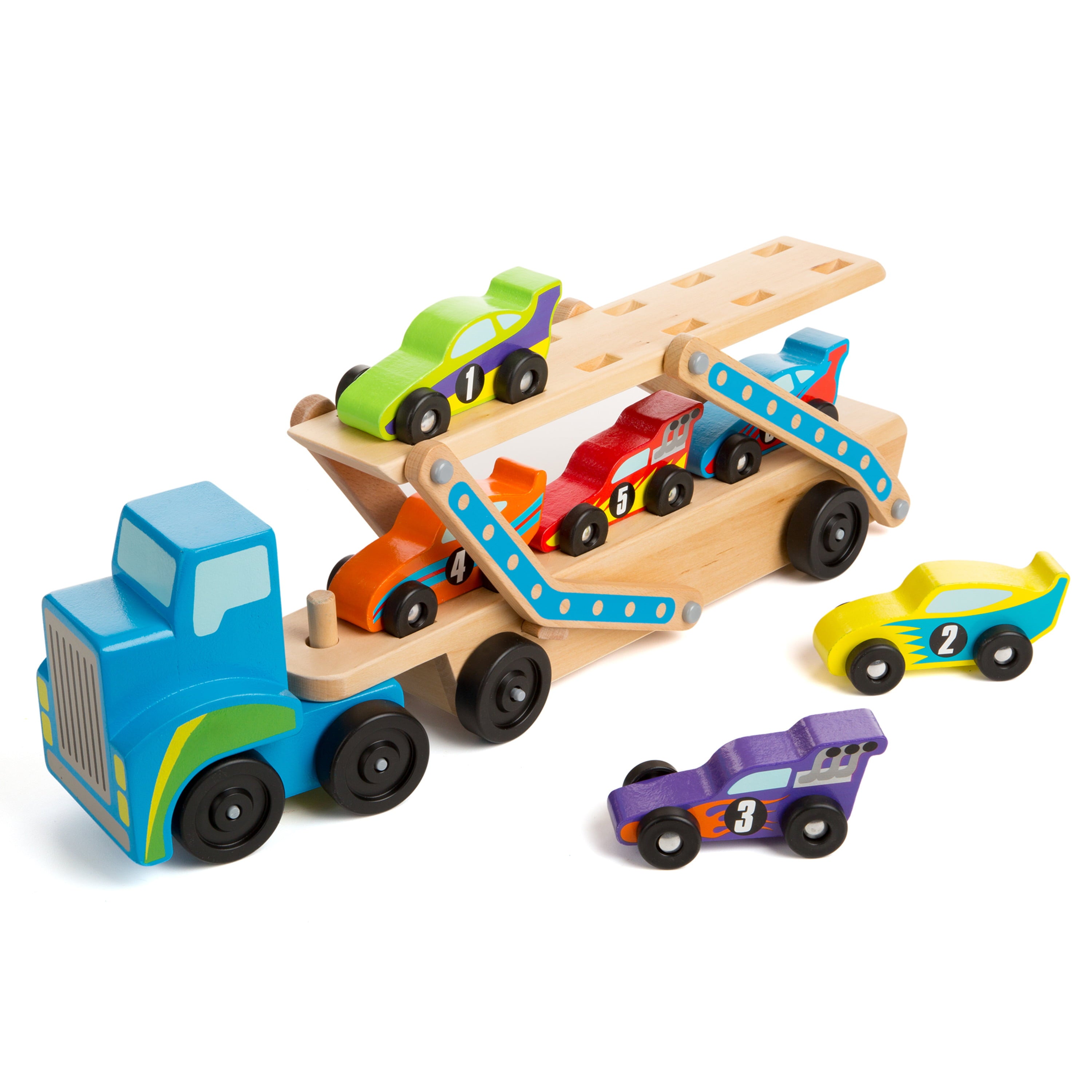 Melissa and Doug Mega Race-Car Carrier - Wooden Tractor and Trailer With 6 Unique Race Cars