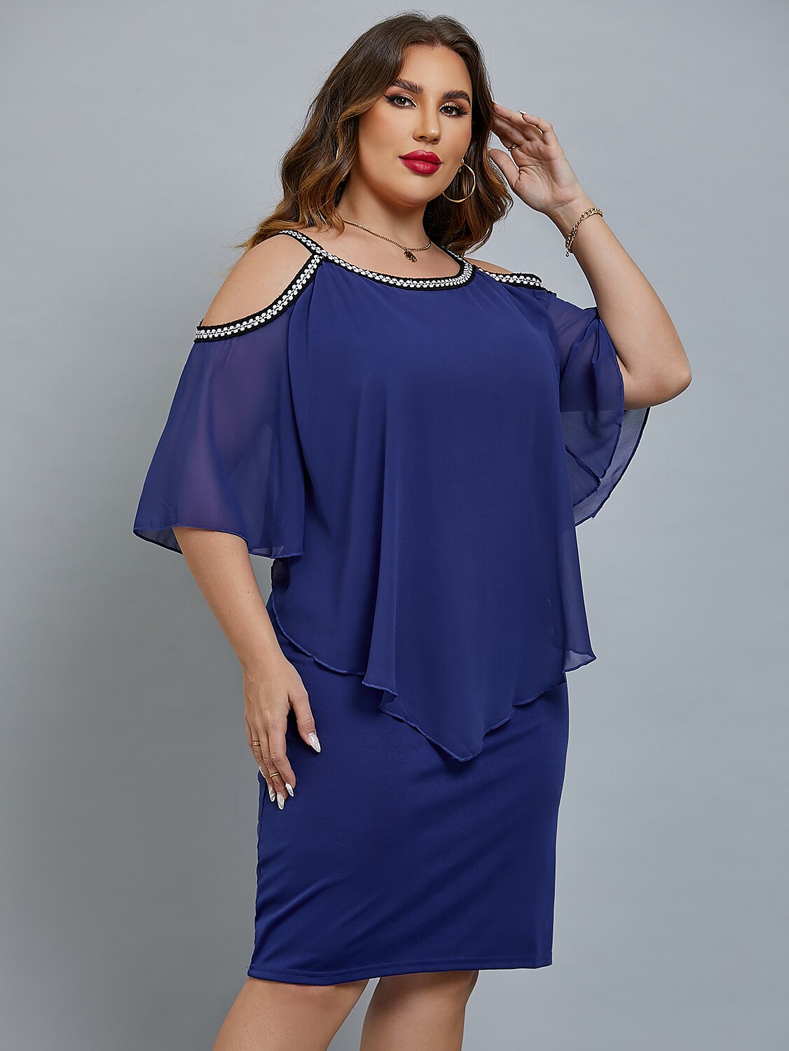 Women's Plus Size Curve Party Dress Solid Color Crew Neck Sequins Half Sleeve Fall Spring Elegant Sequins Prom Dress Midi Dress Formal Party Dress / Sequin Dress / Layered