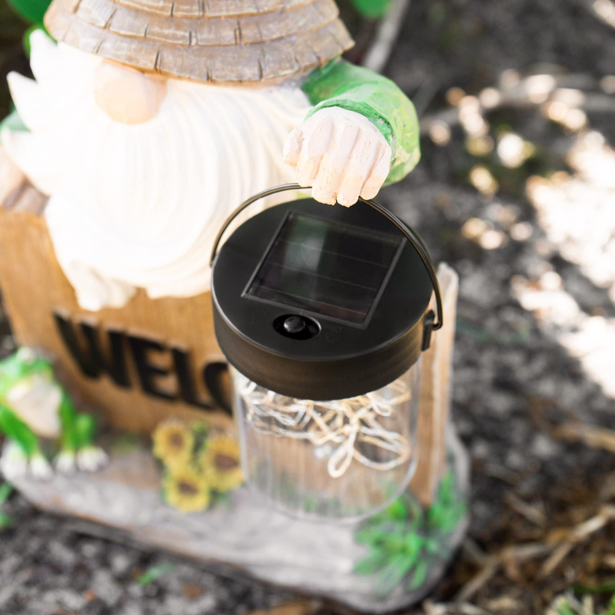 VP Home Welcome Gnome with Lantern and Frog Solar Powered LED Outdoor Decor Garden 13.5"H x 7.5"W x 4.5"D