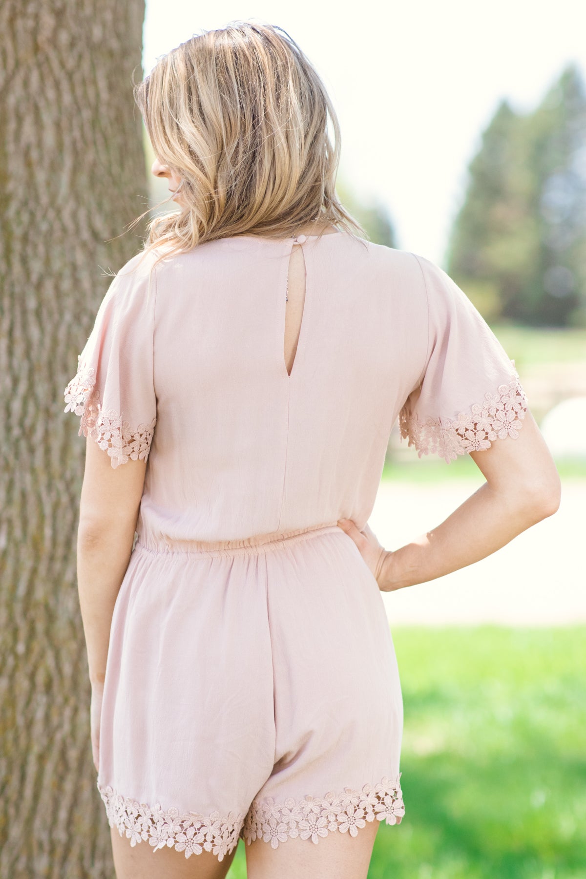 Tan Crochet Trim Short Sleeve Romper