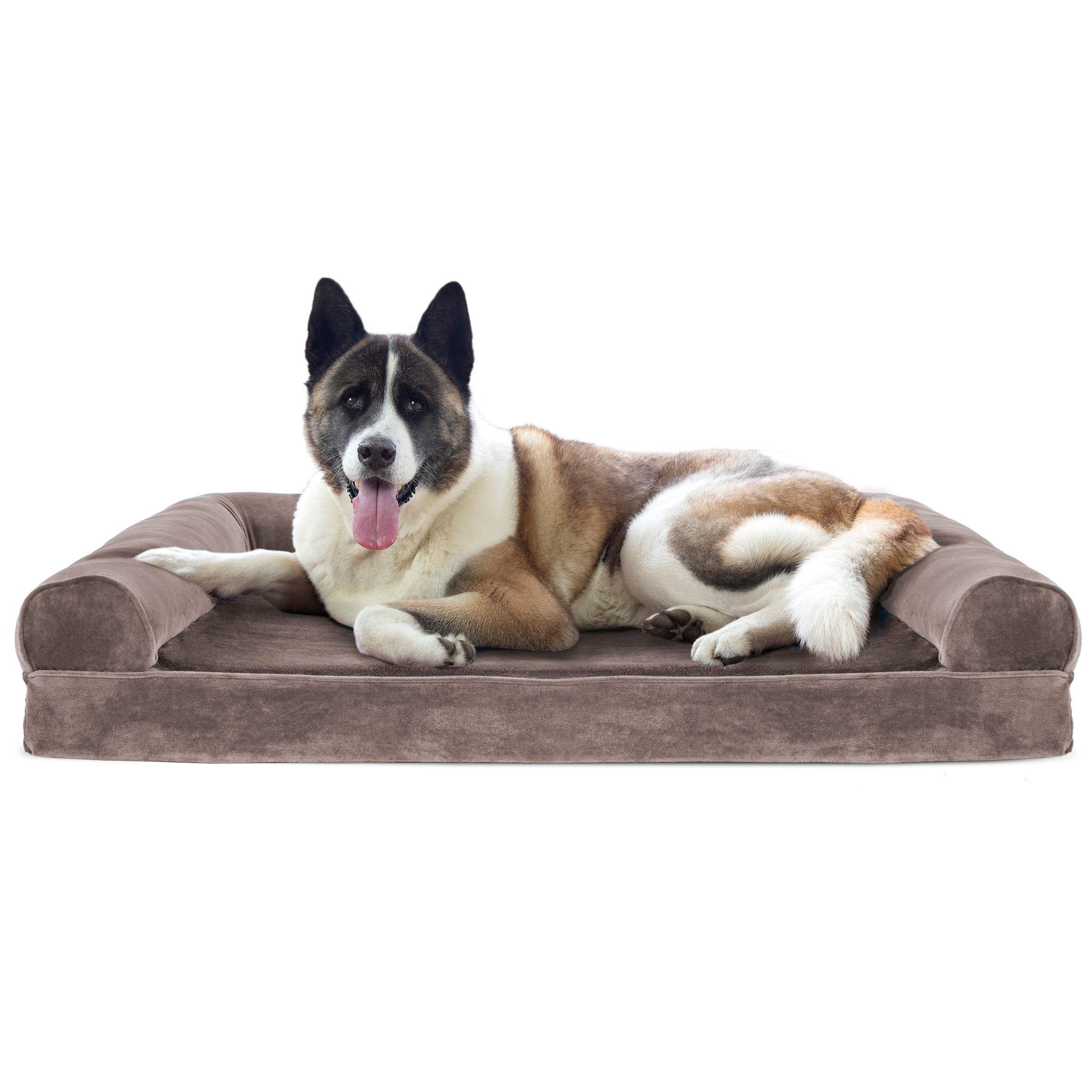 FurHaven | Cooling Gel Faux Fur and Velvet Sofa Pet Bed for Dogs and Cats， Driftwood Brown， Jumbo
