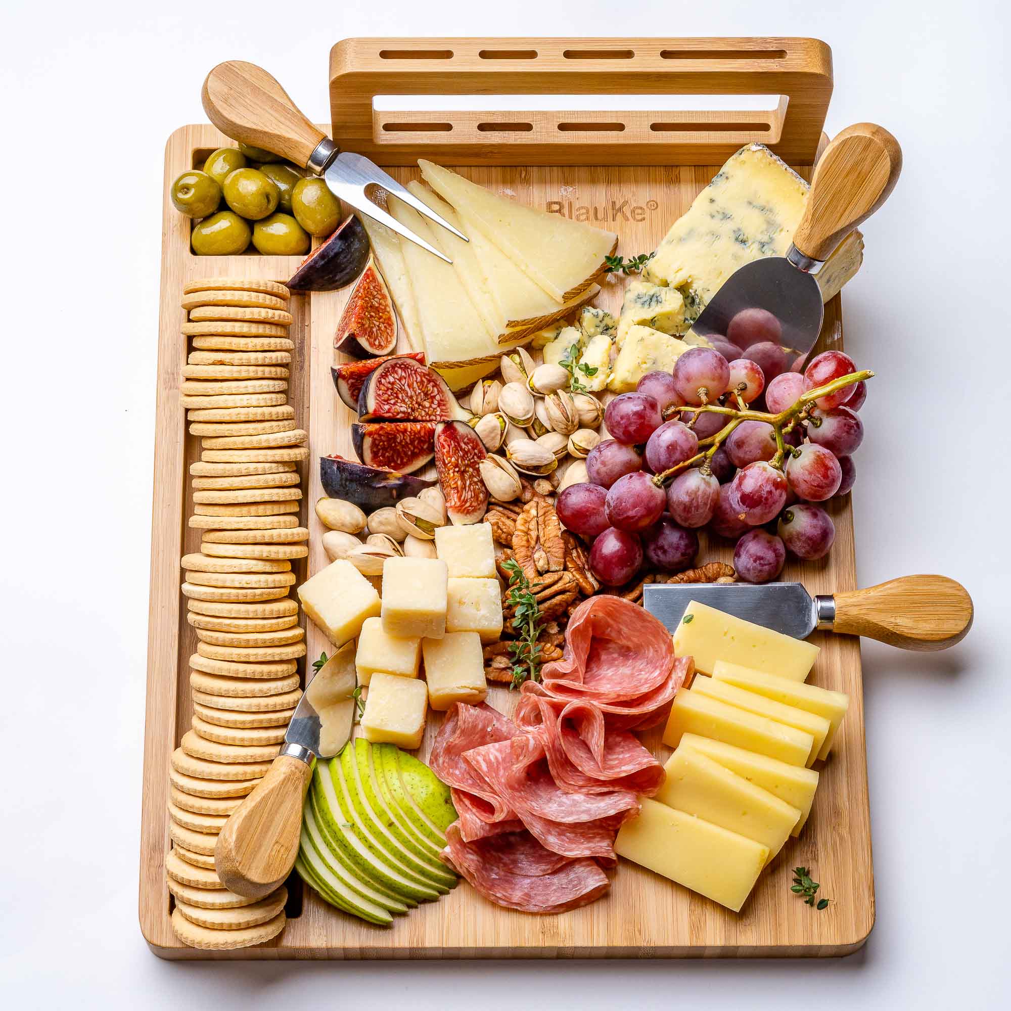 BlauKe® Bamboo Cheese Board and Knife Set 14x11 inch – Wood Cheese Cutting Board， Serving Tray Platter， Charcuterie Board Set with 4 Cheese Knives