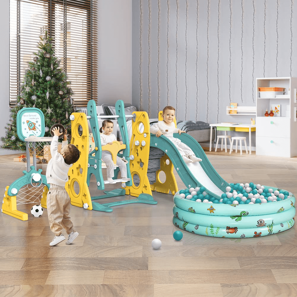 Tiikiy Toddler Slide and Swing Set， 6 in 1 Kids Climber Slide Playset for Toddlers Age 1-3 Freestanding Baby Slide Indoor Outdoor Playground w/Basketball Hoop， Swing and Ball Pool