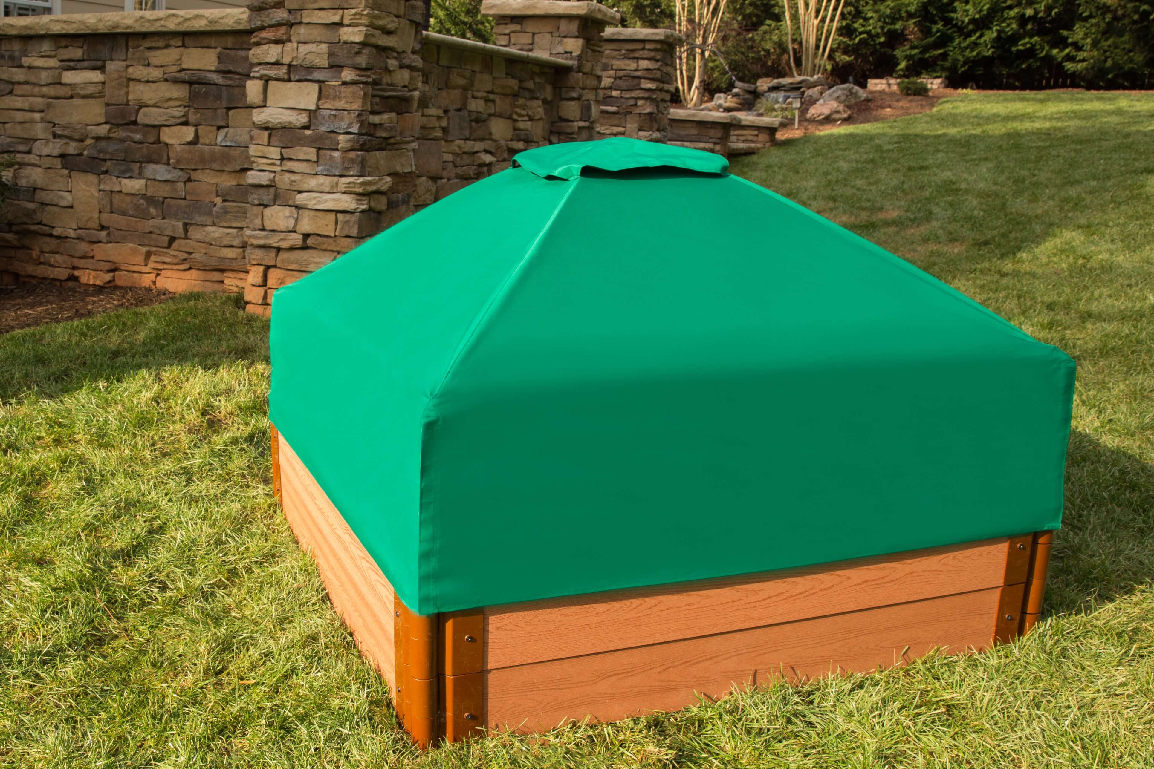 Frame It All Tool-Free Classic Sienna 4ft. x 4ft. x 11in. Composite Square Sandbox Kit with Collapsible cover - 1