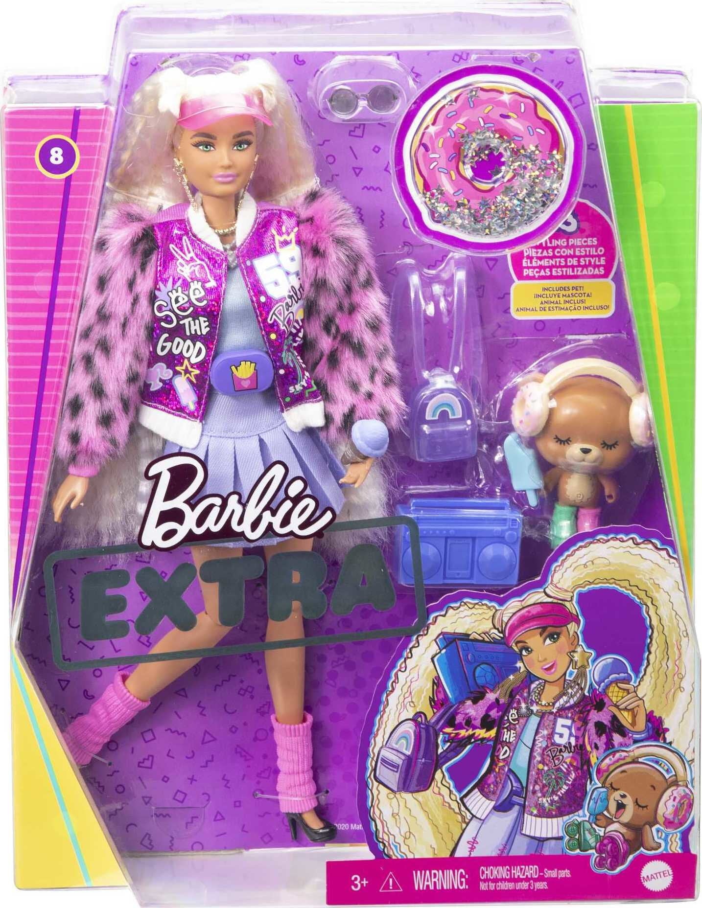 Barbie Extra Doll 8 In Varsity Jacket With Furry Arms and Pet Teddy Bear