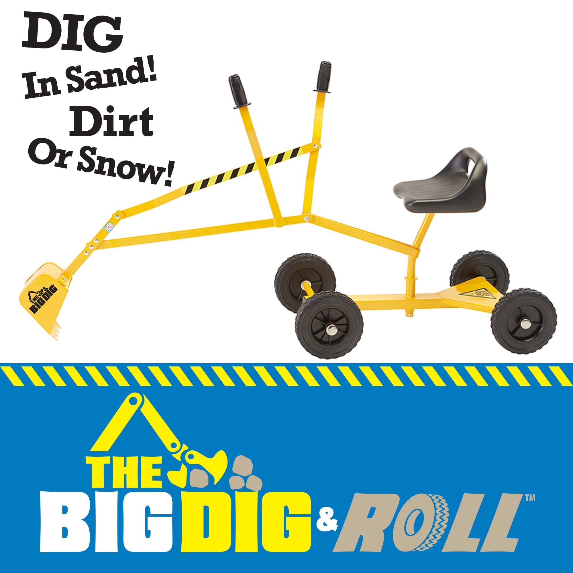 The Big Dig and Roll Ride-On Working Excavator with Wheels and 360° Rotation， Great for Sand， Dirt and Snow， Steel Outdoor Play Toy
