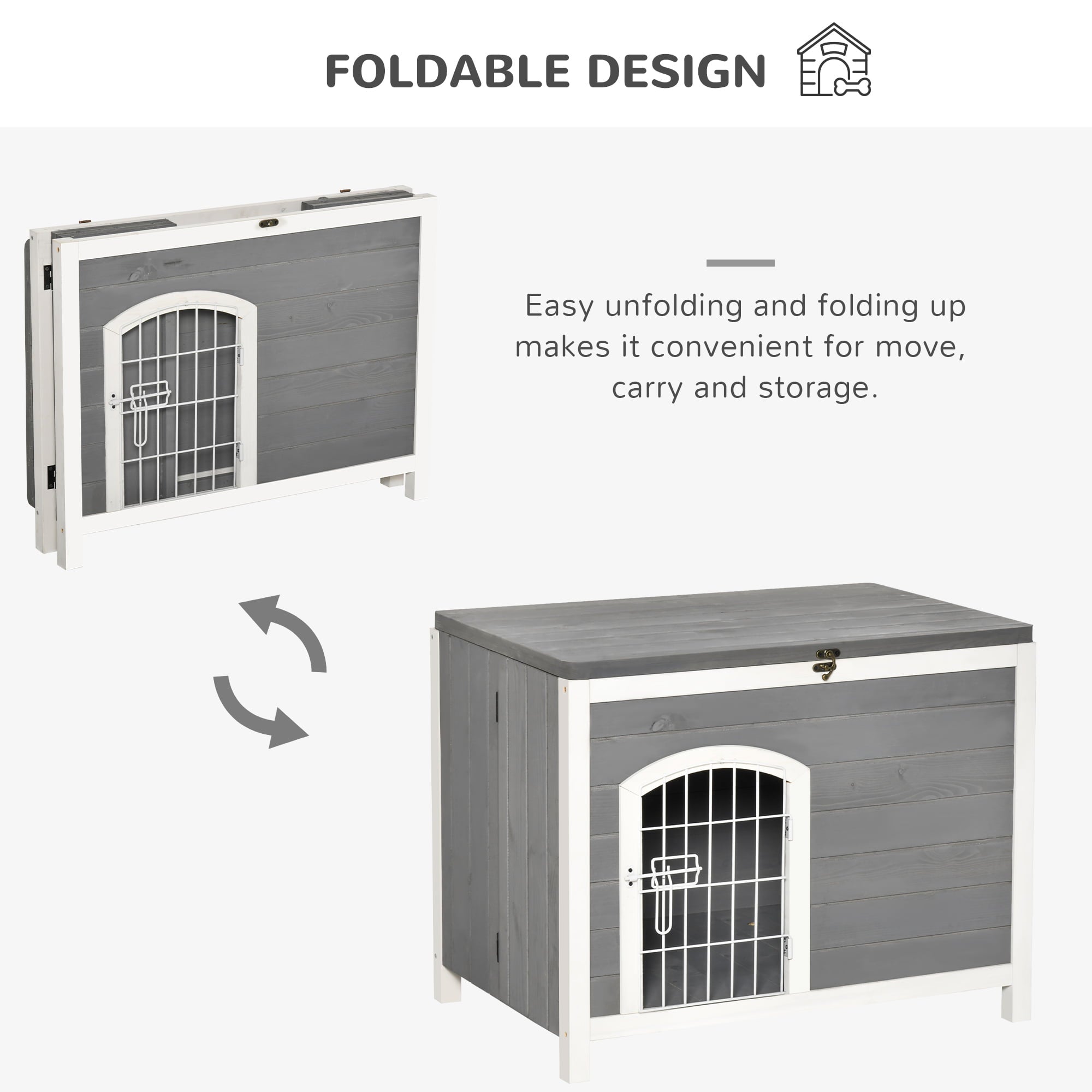 OWSOO Foldable Raised Wooden Dog House Indoor and Outdoor Dog Cage Kennel Cat House w/ Lockable Door Openable Roof Removable Bottom for Small and Medium Pets Grey