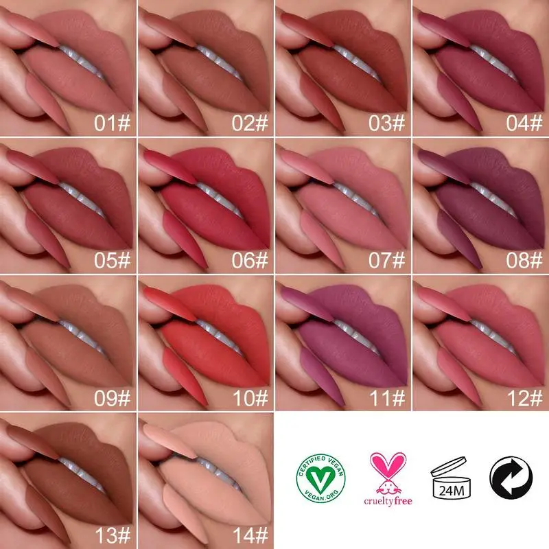 14 Color Vegan Makeup Pink Tube Matte Lipstick